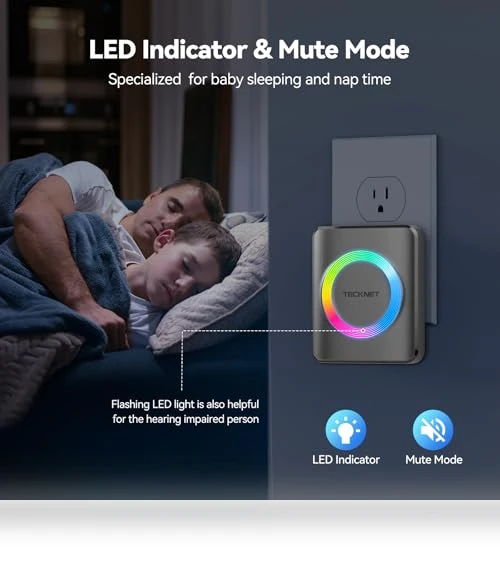 Wireless Doorbell with 1,970Ft Range, 60 Chimes, 5 Volume Levels, RGB Flash — Push Buttons, TECKNET