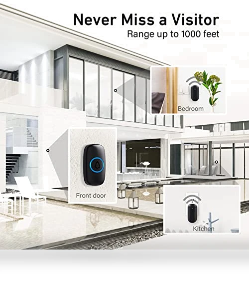 Wireless Doorbell with 1000ft Coverage, 52 Chimes, LED Flash — Push Buttons, SECRUI