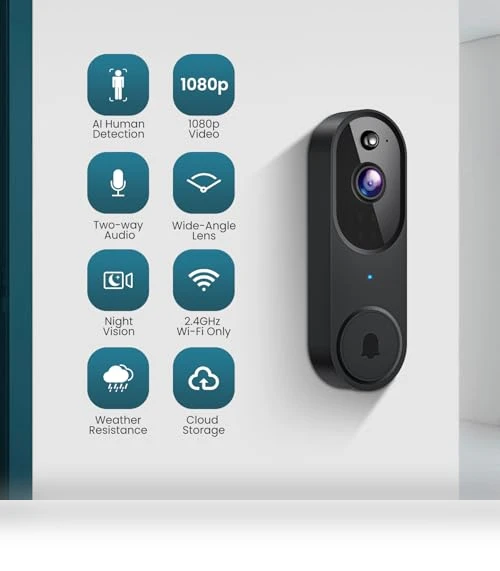 Wi-Fi Video Doorbell Camera with Two Way Audio, AI Motion Detection, Night Vision — Smart Home Security, Shenzhen Puge Electronics Co., Ltd.