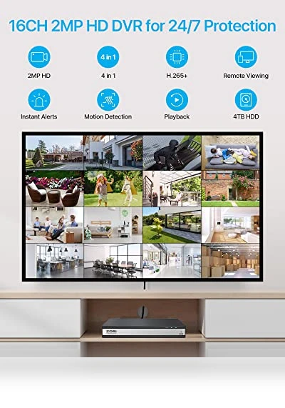 H.265+ 1080p 16 Channel Home Security Camera System with AI Human Vehicle Detect — Security Cameras, ZOSI