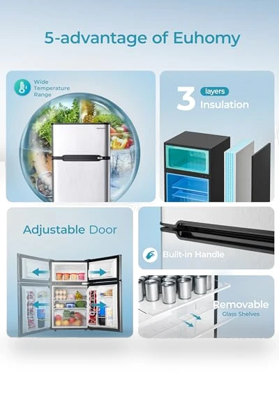 Mini Fridge with Freezer, 3.2 Cu.Ft, 2 Door, Adjustable Shelves — Mini Fridges, EUHOMY
