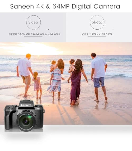 4K Digital Camera for Photography & Video with WiFi, 64MP, Touch Screen, 32GB Card — Compact Digital Cameras, Saneen