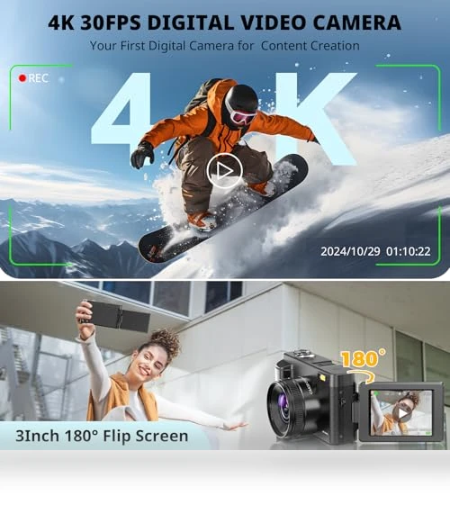 4K Digital Camera for Photography Autofocus with 180° Flip Screen — Mirrorless Cameras, Duluvulu