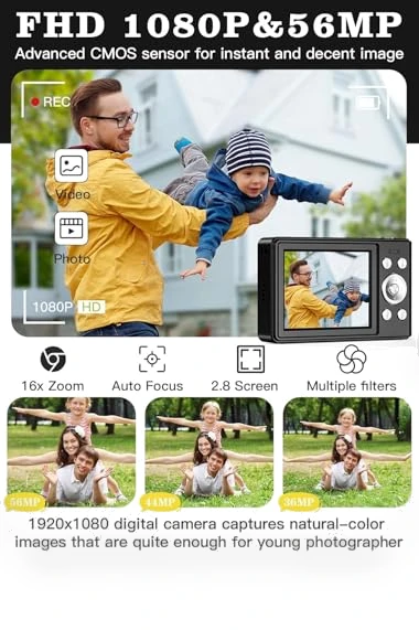 56MP FHD 1080P Digital Camera for Kids with 16x Zoom Anti Shake — Portable Media Devices & Accessories, Fleafer