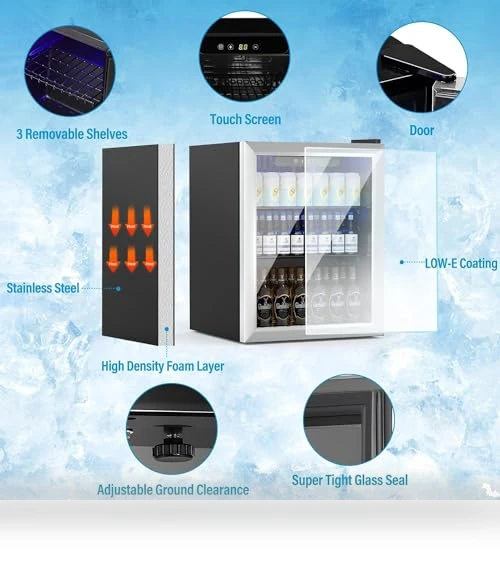 76 Can Mini Fridge with Glass Door, Adjustable Shelves — Drink Coolers, Erivess