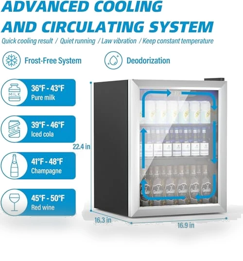 76 Can Mini Fridge with Glass Door, Adjustable Shelves — Drink Coolers, Erivess