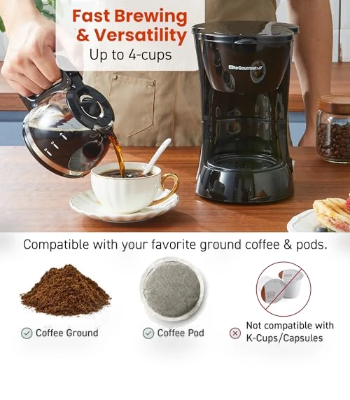 Automatic 4-Cup Brew & Drip Coffee Maker with Pause N Serve — Single-Cup Coffee Makers, Elite Gourmet
