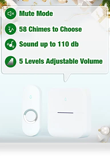 Lighted Wireless Doorbell with 58 Chimes, 1000ft Range, Waterproof — Push Buttons, AIDA