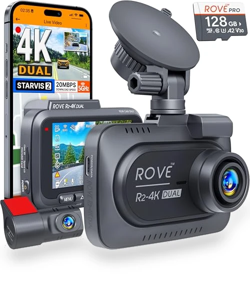 4K Dual Dash Cam Front and Rear with WiFi and GPS — Rearview Cameras for Cars, ROVE