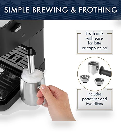 Manual Espresso Machine with Milk Frother, 15 Bar Pump Pressure — Coffee & Espresso Combos, De'Longhi