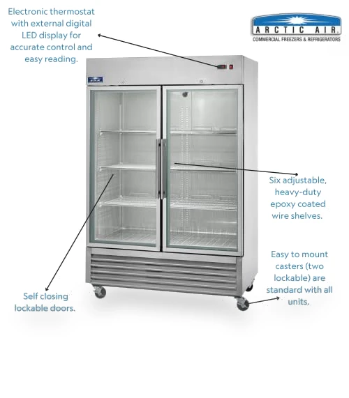Two Door Glass Reach-In Refrigerator, 49 cu. ft, Stainless Steel — Mini Fridges, Arctic Air