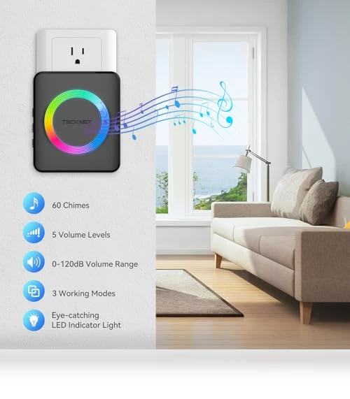 Wireless Doorbell with 1300ft Range, 60 Chimes, IP65 Waterproof — Kits, TECKNET