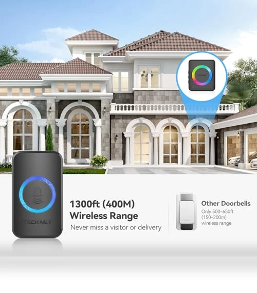 Wireless Doorbell with 1300ft Range, 60 Chimes, IP65 Waterproof — Kits, TECKNET