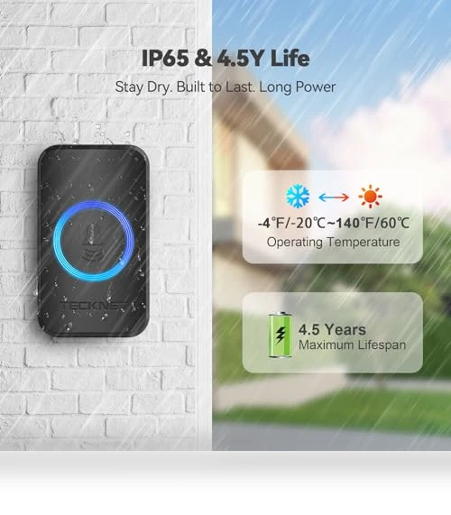 Wireless Doorbell with 1300ft Range, 60 Chimes, IP65 Waterproof — Kits, TECKNET