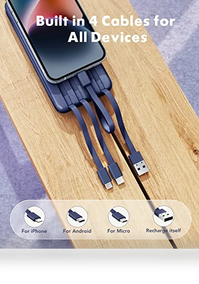 Slim 10000mAh Portable Charger with Built-in Cables - 6 Outputs Power Bank — Charging Solutions, Charmast