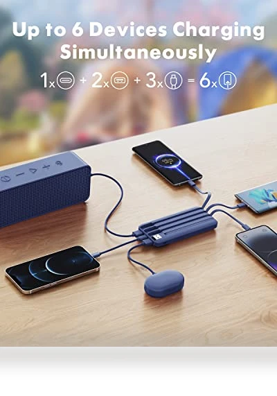Slim 10000mAh Portable Charger with Built-in Cables - 6 Outputs Power Bank — Charging Solutions, Charmast