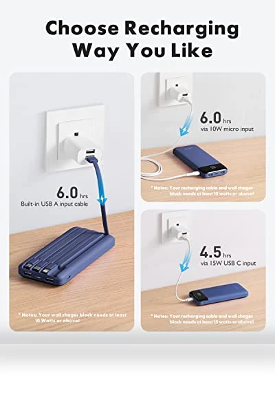 Slim 10000mAh Portable Charger with Built-in Cables - 6 Outputs Power Bank — Charging Solutions, Charmast