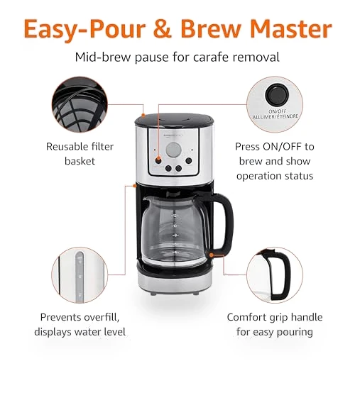 Drip Coffee Maker 12 Cup with Carafe and Reusable Filter, Stainless Steel — Coffee Makers, Amazon Basics