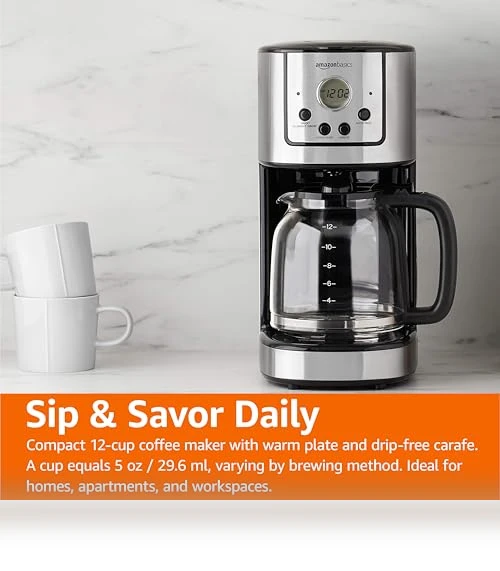 Drip Coffee Maker 12 Cup with Carafe and Reusable Filter, Stainless Steel — Coffee Makers, Amazon Basics