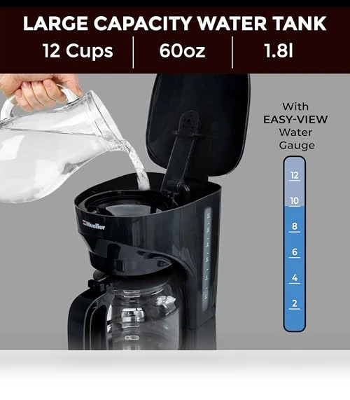 12-Cup Drip Coffee Maker with Borosilicate Carafe and Auto-Off — Carafes & Pitchers, MUELLERHOME