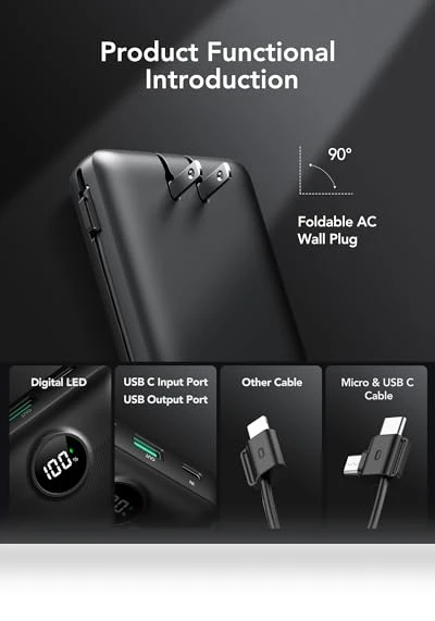 20000mAh Fast Charging Power Bank with Built-in Cables and Wall Plug — Charging Solutions, VRURC