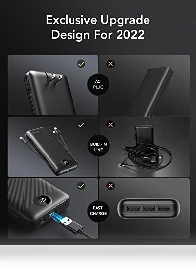 20000mAh Fast Charging Power Bank with Built-in Cables and Wall Plug — Charging Solutions, VRURC