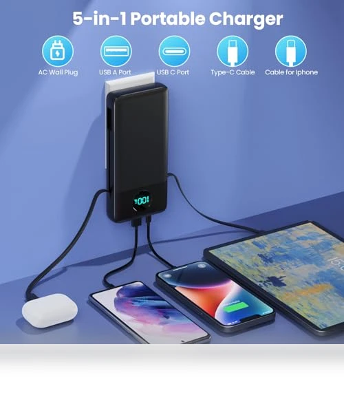 Portable Charger 33800mAh USB C Power Bank with Built-in Cables & AC Wall Plug — Charging Solutions