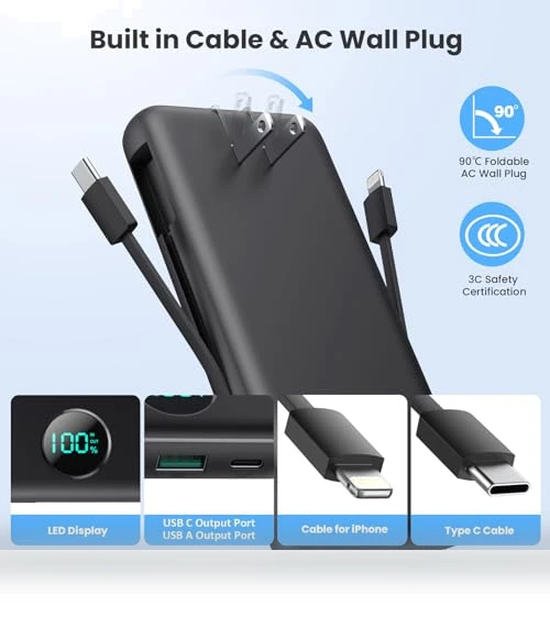 Portable Charger 33800mAh USB C Power Bank with Built-in Cables & AC Wall Plug — Charging Solutions