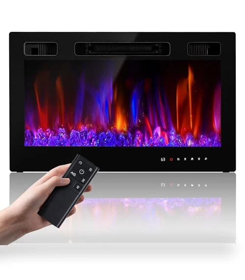 36" Electric Fireplace Insert with Remote Control, 12 Flame Colors, Slim Black Design — Electric Heating Solutions, RealSmart