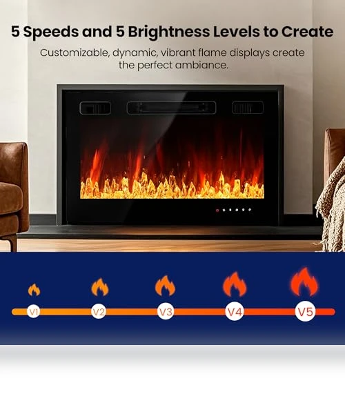 36" Electric Fireplace Insert with Remote Control, 12 Flame Colors, Slim Black Design — Electric Heating Solutions, RealSmart