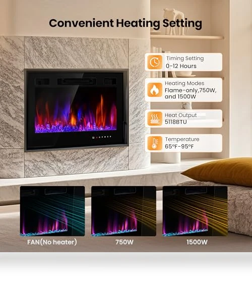 36" Electric Fireplace Insert with Remote Control, 12 Flame Colors, Slim Black Design — Electric Heating Solutions, RealSmart