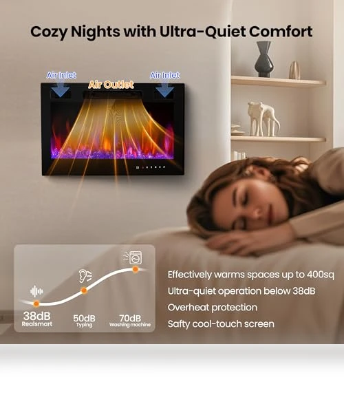36" Electric Fireplace Insert with Remote Control, 12 Flame Colors, Slim Black Design — Electric Heating Solutions, RealSmart