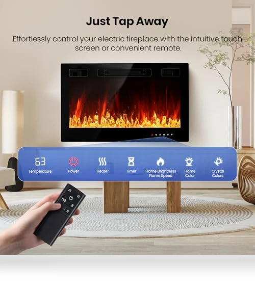 36" Electric Fireplace Insert with Remote Control, 12 Flame Colors, Slim Black Design — Electric Heating Solutions, RealSmart