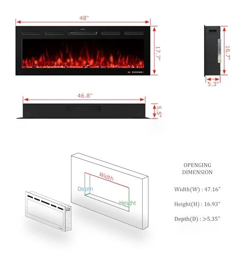 48" Smart Electric Fireplace Insert with Remote, Touch Screen & APP Control — Electric Heating Solutions, VINEMOUNT
