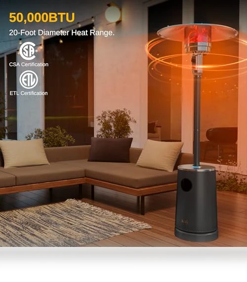 50,000 BTU Patio Heater with Sand Box, Table Design, Outdoor Heater for Home — Fire Glass, EAST OAK