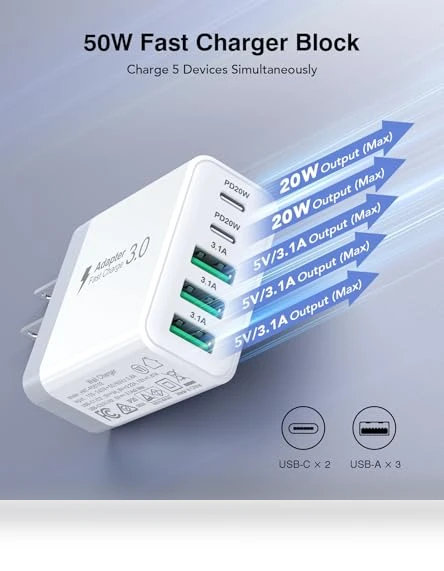 50W 5-Port USB C Wall Charger Fast Charging Block — Charging Solutions, BOVICAS