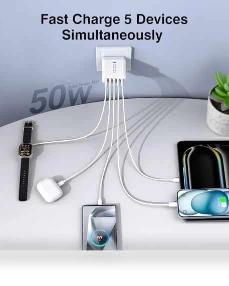 50W 5-Port USB C Wall Charger Fast Charging Block — Charging Solutions, BOVICAS
