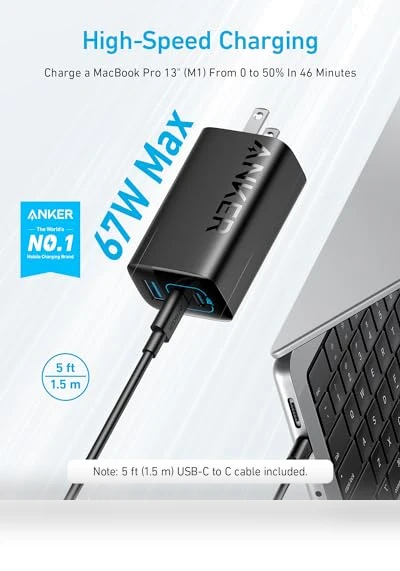 67W USB C Fast Charger with 3 Ports, Foldable Design — Charging Solutions, Anker