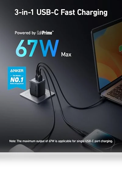 67W USB C GaN 3-Port Fast Wall Charger — Charging Solutions, Anker