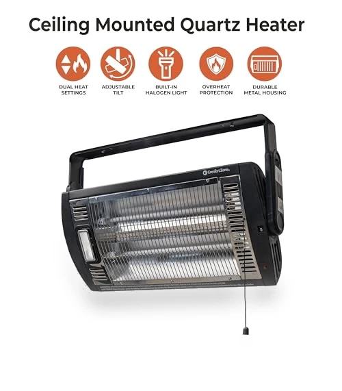 Ceiling Mounted Space Heater with Halogen Light, 1500W, Adjustable Tilt — Heater Spare Components, Comfort Zone