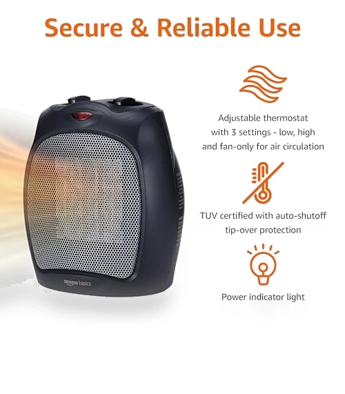 Ceramic Space Heater, Portable Heater for Indoor Use, 1500W, Black — Portable Heating Solutions, Amazon Basics