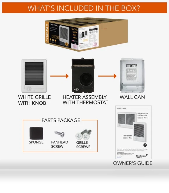 Electric Wall Heater with Thermostat, 5120 BTU, 1500 Watt — Portable Heating Solutions, Cadet Heating HI