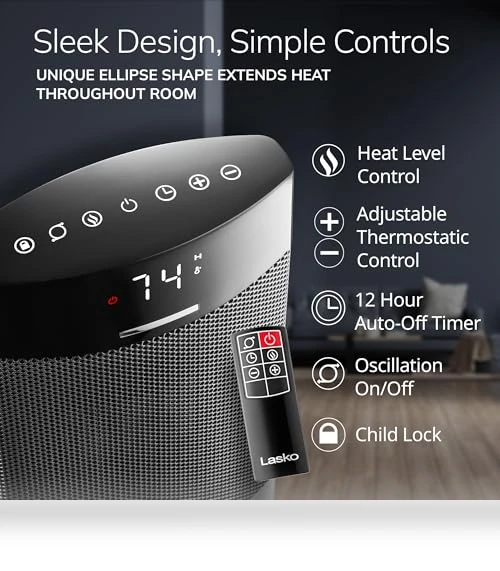 Ceramic Tower Heater with Remote, Digital Display, and Timer — Portable Heating Solutions, Lasko