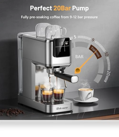 20 Bar Espresso Machine with Milk Frother & LCD Panel — Coffee & Espresso Combos, RELEXNOW