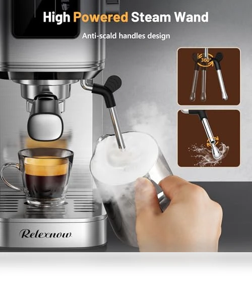 20 Bar Espresso Machine with Milk Frother & LCD Panel — Coffee & Espresso Combos, RELEXNOW