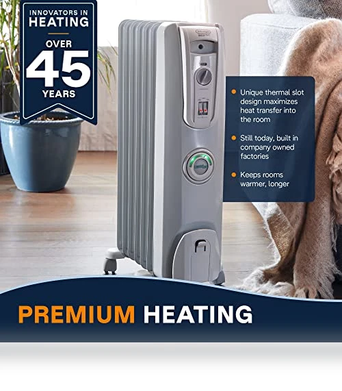 Oil filled Radiator Heater, 1500W Electric Space Heater — Portable Heating Solutions, De'Longhi