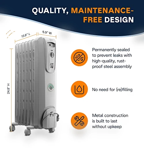 Oil filled Radiator Heater, 1500W Electric Space Heater — Portable Heating Solutions, De'Longhi