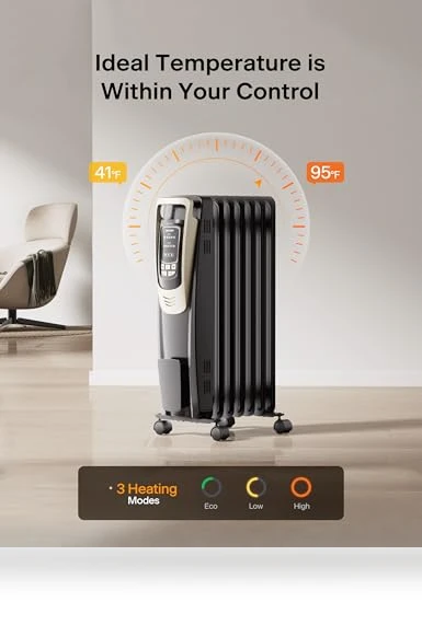 Oil Filled Radiator Heater with Remote and Thermostat, 5 Temperature Settings — Portable Heating Solutions, PELONIS