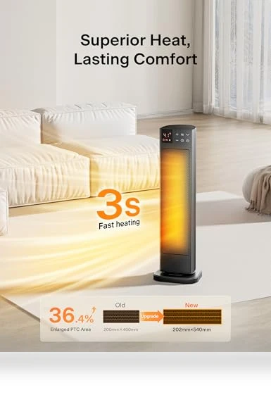 Oscillating Ceramic Tower Indoor Space Heater with Remote Control — Portable Heating Solutions, PELONIS
