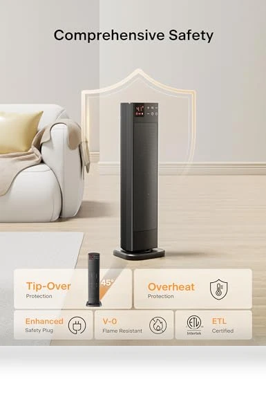Oscillating Ceramic Tower Indoor Space Heater with Remote Control — Portable Heating Solutions, PELONIS